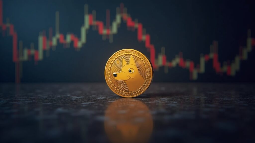 Dogecoin (DOGE) cae a un mínimo de tres meses: ¿Podrá recuperarse? Moneda Dogecoin central sobre un gráfico de mercado descendente con un cruce de la muerte, sobre un fondo de redacción.