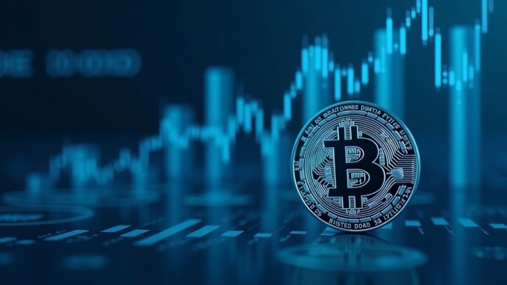 Los fondos cotizados de Bitcoin en Estados Unidos logran captar 616 millones de dólares tras un mes de salidas Símbolo de Bitcoin fotorrealista con barras en ascenso e iconos de ETF en una sala de redacción moderna, tonos fríos azules.