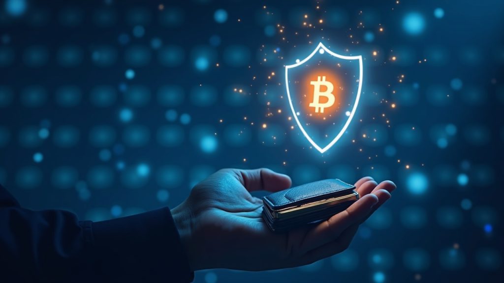 Bitcoin, seguridad y computación cuántica: ¿Qué se sabe hasta ahora? Persona sosteniendo una cartera de hardware con un escudo cuántico brillante encima; emblema de Bitcoin sobre un fondo azul con una red de sala de prensa