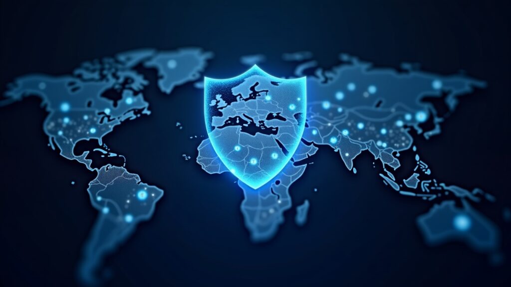 Bitget y BlockSec presentan el Estándar de Seguridad UEX para elevar su nivel de seguridad Escudo fotorrealista protege diversos activos cripto sobre un mapa de blockchain translúcido, simbolizando el Estándar de Seguridad UEX.