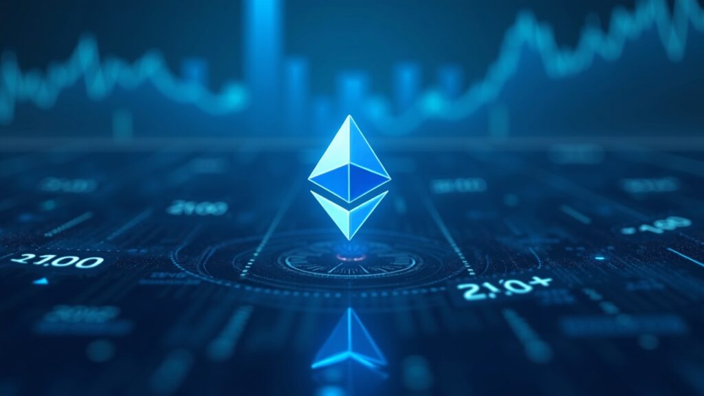 Ethereum recupera los 2.150 dólares tras enfrentar una caída del 43 por ciento recientemente Logotipo de Ethereum hiperrealista centrado en un tablero de mercado de alta tecnología que muestra 2100, cuadrícula azul y un sutil horizonte.