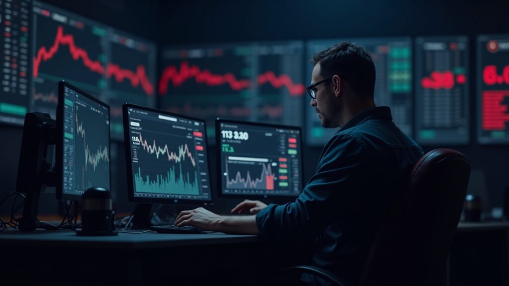 Trend Research vende 650.000 ETH y asume pérdidas de 750 millones mientras el precio de Ethereum busca suelo Piso de negociación cripto fotorrealista con un operador concentrado mientras Ethereum cae, métricas de riesgo y deuda que señalan desapalancamiento.