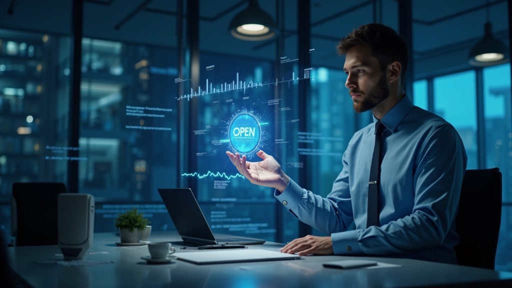 Figure inicia la comercialización de 4.23 millones de acciones nativas blockchain Escena de redacción realista con un ejecutivo central interactuando con un token holográfico de acción blockchain; logotipos de OPEN y Provenance visibles.