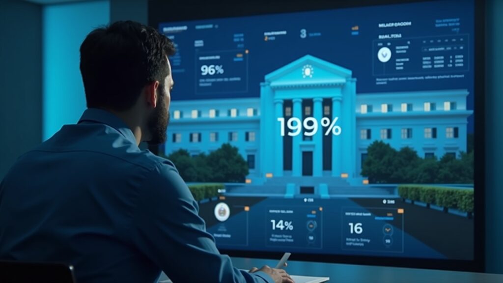 Las tasas del mercado se acercan a un recorte de 25 puntos básicos Escena fotorrealista de una sala de prensa: un analista observa un panel holográfico que muestra una probabilidad de recorte de tasas del 19.9%.