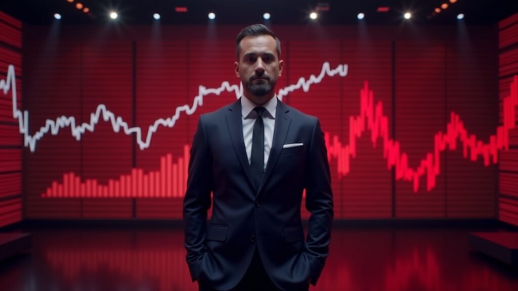 Galaxy Digital registra pérdidas de 482 millones tras desplome del mercado en 2025 Ejecutivo en el escenario con un traje impecable y gráficos cripto rojos, logotipo de Galaxy Digital, ambiente de sala de redacción y telón de fondo de centro de datos de IA.