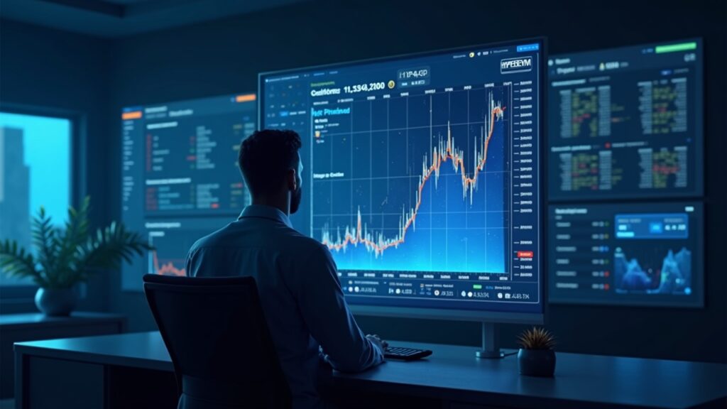 HYPE sube aproximadamente un 20% tras la implementación de HIP-4 por parte de Hyperliquid Comerciante cripto fotorrealista en una sala de negociación elegante con una pizarra de mercado holográfica HIP‑4 y un gráfico ascendente de HYPE.