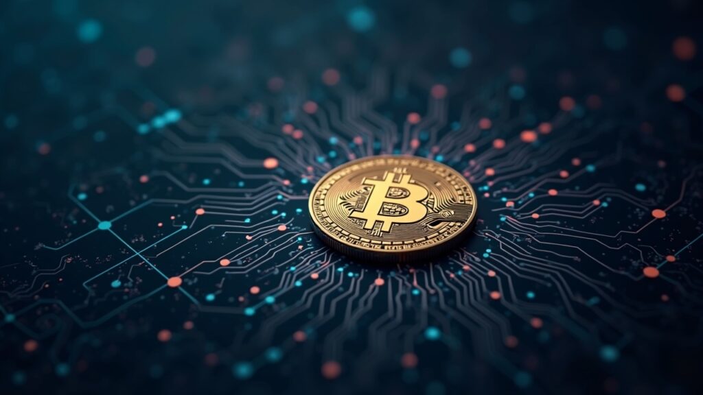 La rotación hacia inversiones en inteligencia artificial frena el repunte de Bitcoin hacia los 70.000 dólares Moneda cripto central fotorrealista con patrón de circuito de IA; liquidez fluyendo hacia activos de IA en una escena al estilo de una sala de redacción.