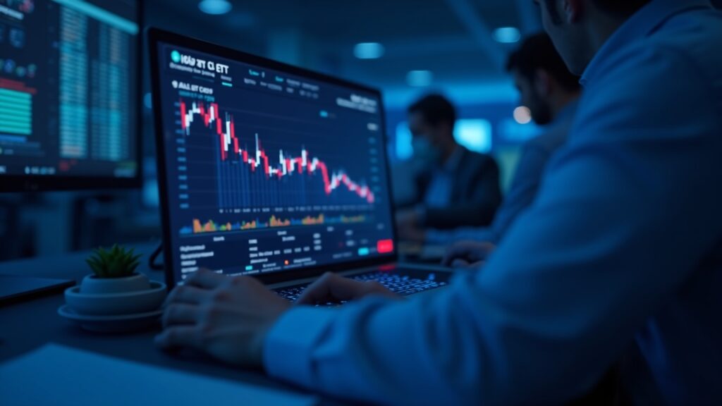 El IBIT de BlackRock recibe una inversión de $231.6 millones en medio de un Bitcoin retrocediendo Escritorio de negociación fotorrealista con el ticker IBIT, un gráfico de bitcoin que muestra la caída intradiaria y operadores institucionales en tonos azules.