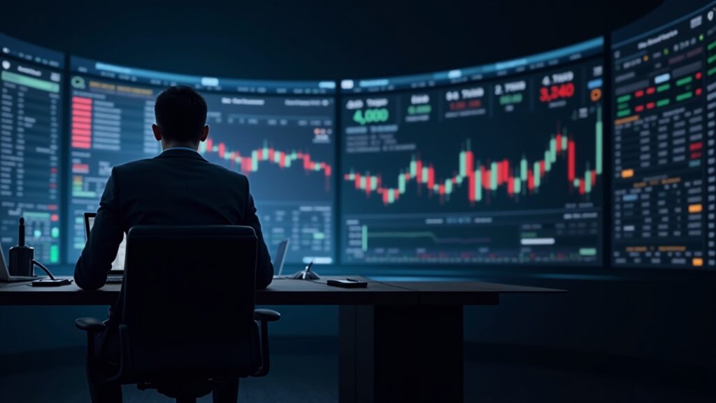 El IBIT de BlackRock registra un volumen récord de $10,7 mil millones Comerciante de criptomonedas fotorrealista en una sala de operaciones moderna con pantallas que muestran la caída de Bitcoin y el aumento del volumen de IBIT.