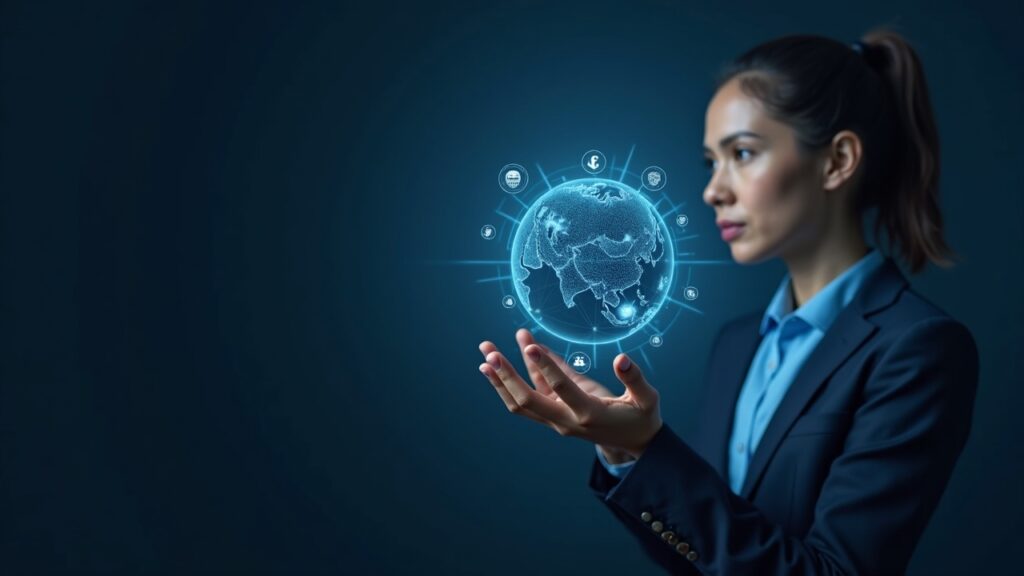 IG Group completa la adquisición de Independent Reserve Persona de negocios viendo un globo holográfico con iconos de criptomonedas y un sello regulatorio, que señala la adquisición de IG Group y el lanzamiento previsto de CFDs sobre criptomonedas