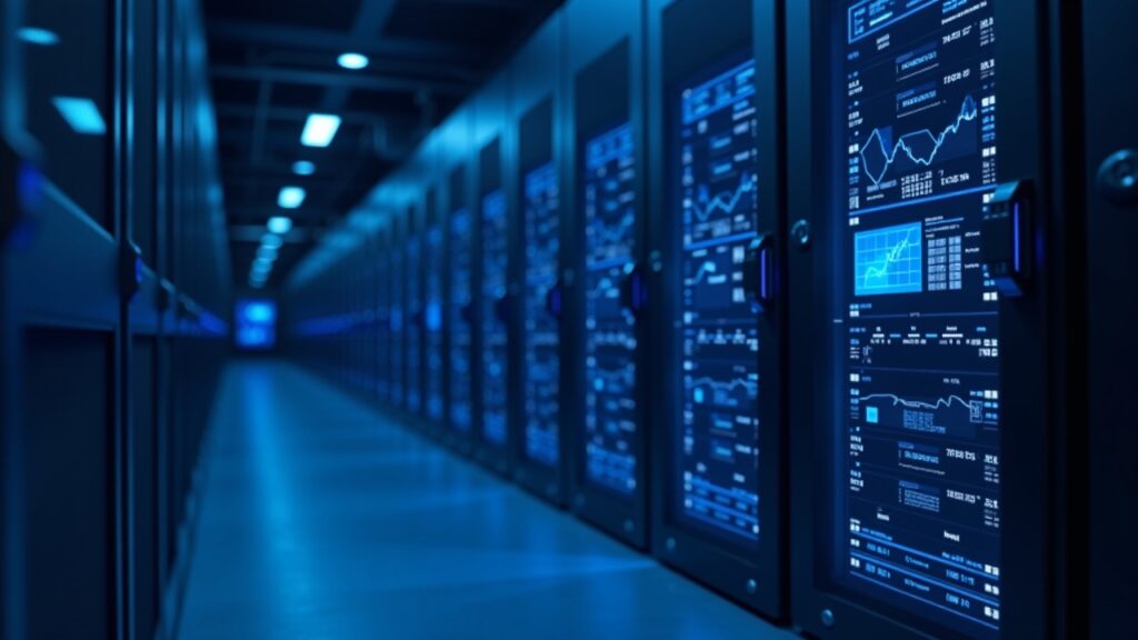 Morgan Stanley inicia la cobertura de mineras de bitcoin como Cipher Mining, Marathon Digital y TeraWulf Vista fotorrealista de un rack de minería de bitcoin en un centro de datos moderno, con iluminación azul y pantallas que muestran gráficos.