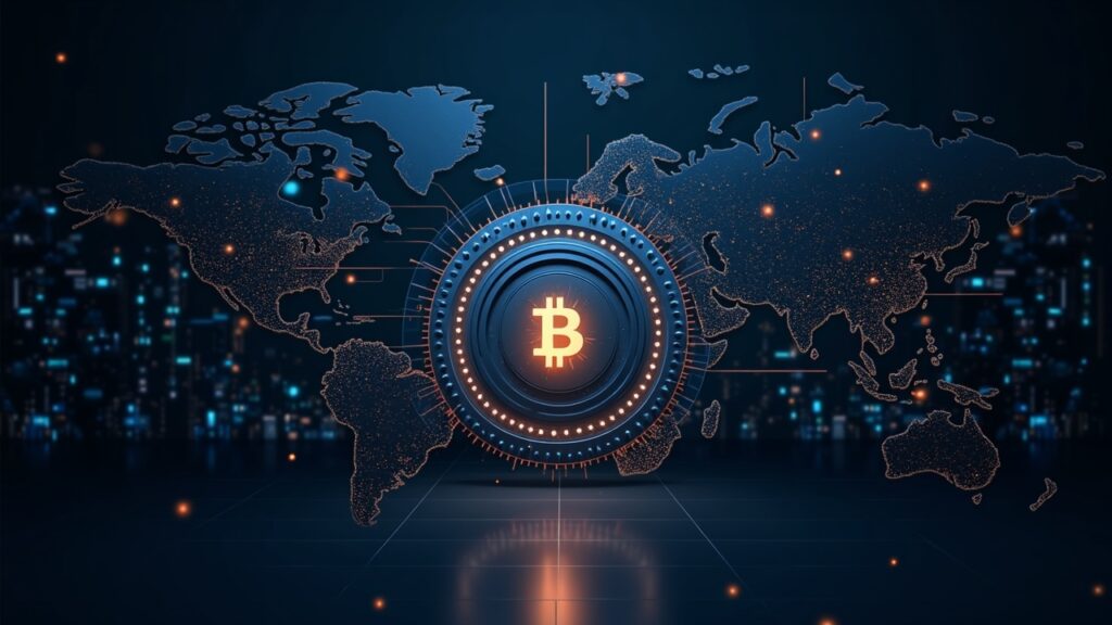 Fireblocks se asocia con Stacks para llevar DeFi en Bitcoin al nivel institucional Puerta de bóveda fotorrealista con líneas de Bitcoin formando una cuadrícula de DeFi multichain, siluetas institucionales y un horizonte de regulador.