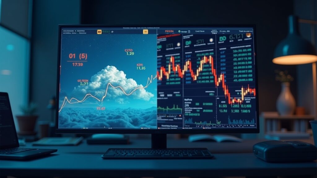 IREN y Amazon decepcionan mientras acciones vinculadas al bitcoin suben por repunte a 66.000 Pantalla dividida: a la izquierda muestra caídas de IREN y Amazon con elementos visuales de IA; a la derecha muestra el rally de Bitcoin y acciones cripto.