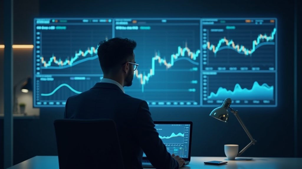 JPMorgan se mantiene positivo de cara a 2026 con una gran recuperación del valor de las criptomonedas Escena financiera fotorrealista: ejecutivo en oficina de vidrio observa gráficos cripto en alza en paneles holográficos, resplandor de Canton.