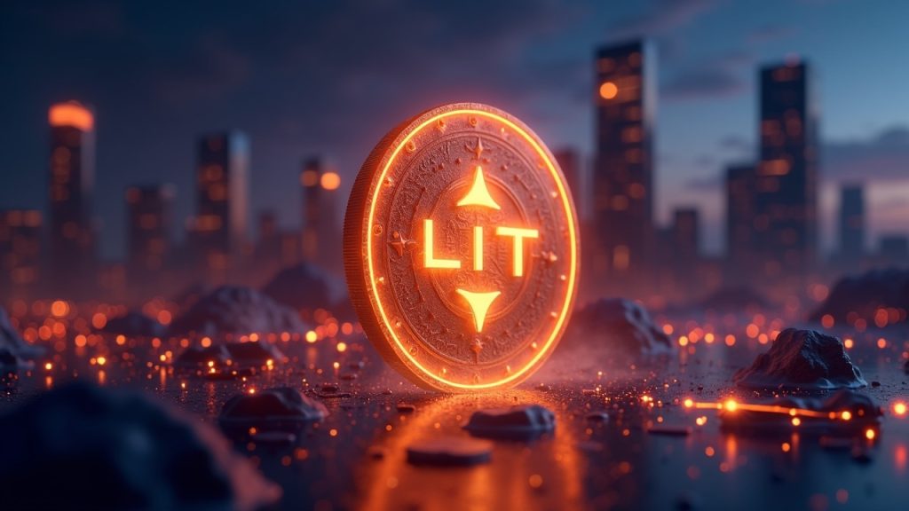 LIT sube después de que Lighter obtenga ingresos en USDC Escena fotorrealista de una moneda LIT brillante con corrientes de USDC y un paisaje urbano futurista de ZK-rollup.