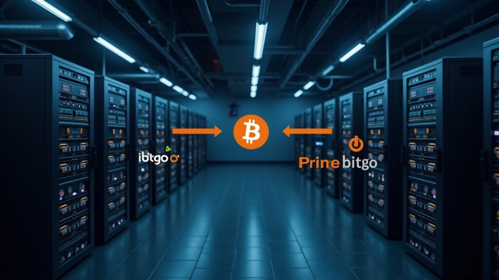 Minero Marathon Digital traslada 87 millones en Bitcoin a exchanges tras la caída del precio Instalación minera de Marathon Digital con estilo de sala de prensa con un diagrama de flujo de BTC que muestra transferencias a Two Prime y BitGo.