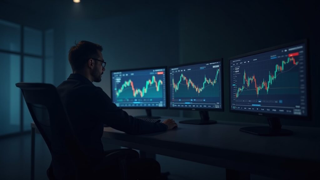 El mercado de memecoins registra repuntes del 1,5 por ciento mientras los grandes activos digitales languidecen Analista de mercado fotorrealista en un escritorio de trading con pantallas divididas que muestran las ganancias de memecoins frente al rezago de Bitcoin y Ether, con un resplandor de IA.