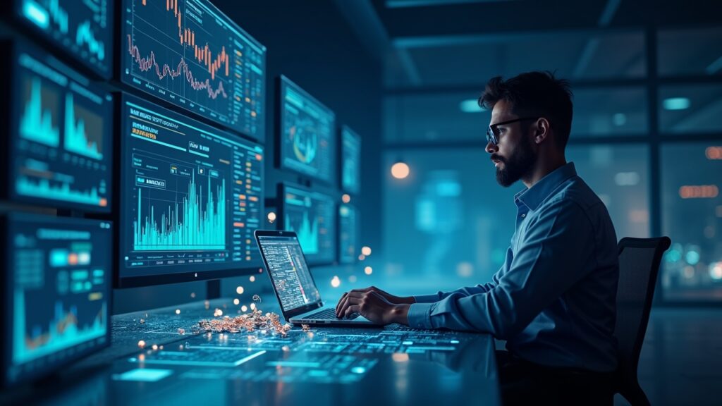 Opinion recauda 20 millones de dólares mientras los mercados de predicción desafían la tendencia bajista Comerciante fotorrealista en un escritorio de alta tecnología con paneles de control, monedas fluyendo hacia una piscina de liquidez, fondo espacial y una balanza regulatoria.