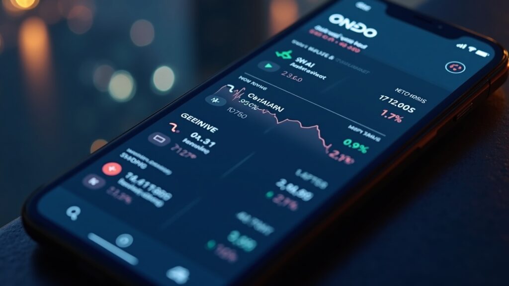 MetaMask se une a Ondo para integrar acciones estadounidenses tokenizadas, ETFs y materias primas Primer plano fotorrealista de MetaMask mobile que muestra acciones estadounidenses tokenizadas y ETFs con la marca Ondo en una ciudad fintech.