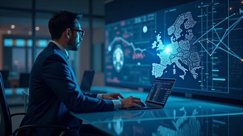 Deutsche Börse y Bitpanda impulsan el acceso institucional a criptoactivos en Europa bajo MiCA Sala de redacción fotorrealista: operador en escritorio de vidrio, holograma de escudo MiCA, brillo del mapa de la UE, sobre una plataforma de negociación de criptomonedas regulada.