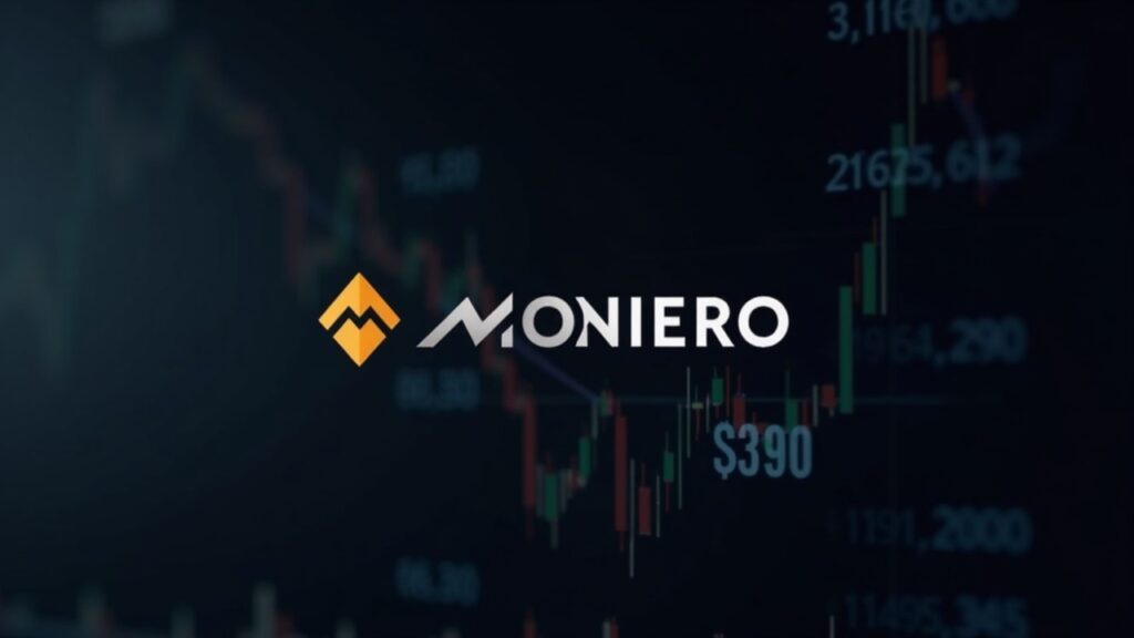 Analistas advierten caída del precio de Monero hacia 150 dólares tras formarse bandera bajista técnica Vista fotorrealista del mercado cripto con el logo de Monero en una pantalla de trading, un patrón de bandera bajista camino a $150, baja liquidez.