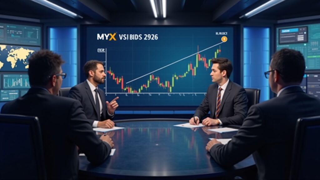 MYX Finance sube un 32 por ciento superando a Bitcoin en medio de ventas masivas Sala de noticias fotorrealista con un gráfico de precios de MYX-BTC que muestra a MYX subiendo mientras BTC cae, señalando un desacoplamiento.