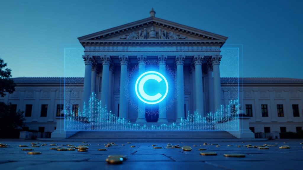 Coinbase seguirá operando mercados de predicción: la resolución del tribunal Fachada del tribunal de Nevada con un gran logotipo de Coinbase en una pantalla digital, flanqueada por gráficos ascendentes de contratos por evento y monedas cripto.