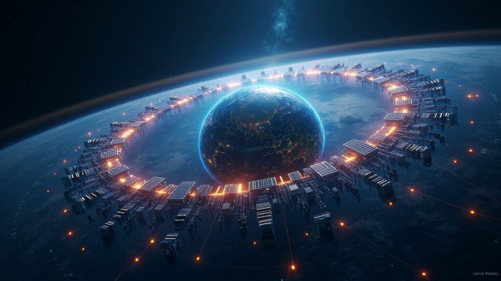 FCC comienza su investigación sobre el plan de SpaceX para desplegar 1 millón de satélites Núcleo terrestre futurista con un anillo de satélites alimentados por energía solar orbitando, vinculados por una red neuronal a la infraestructura terrestre.