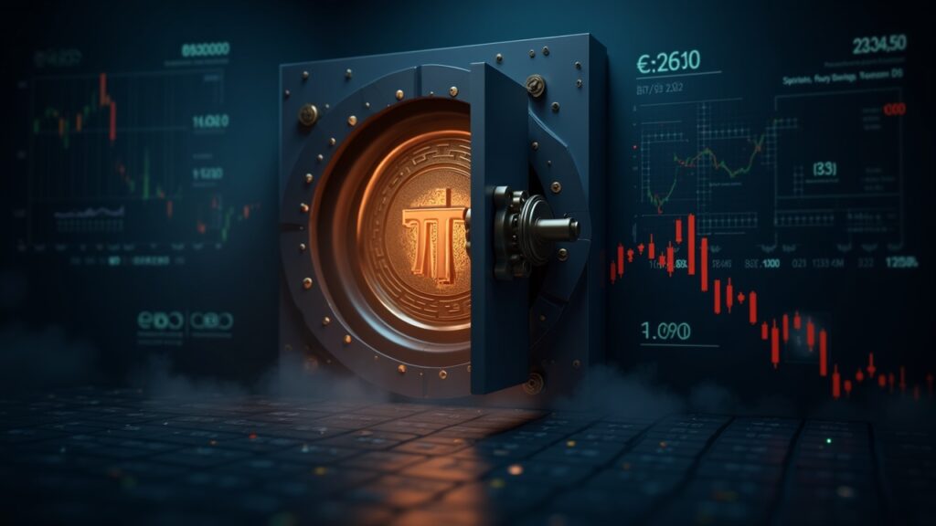 Pi cae 94% y su equipo central transfiere 500 millones de tokens a sus direcciones Símbolo de Pi fotorrealista sale de una bóveda hacia un mercado caótico con un gráfico de precios descendente y números de desbloqueo, señalando riesgo de suministro.