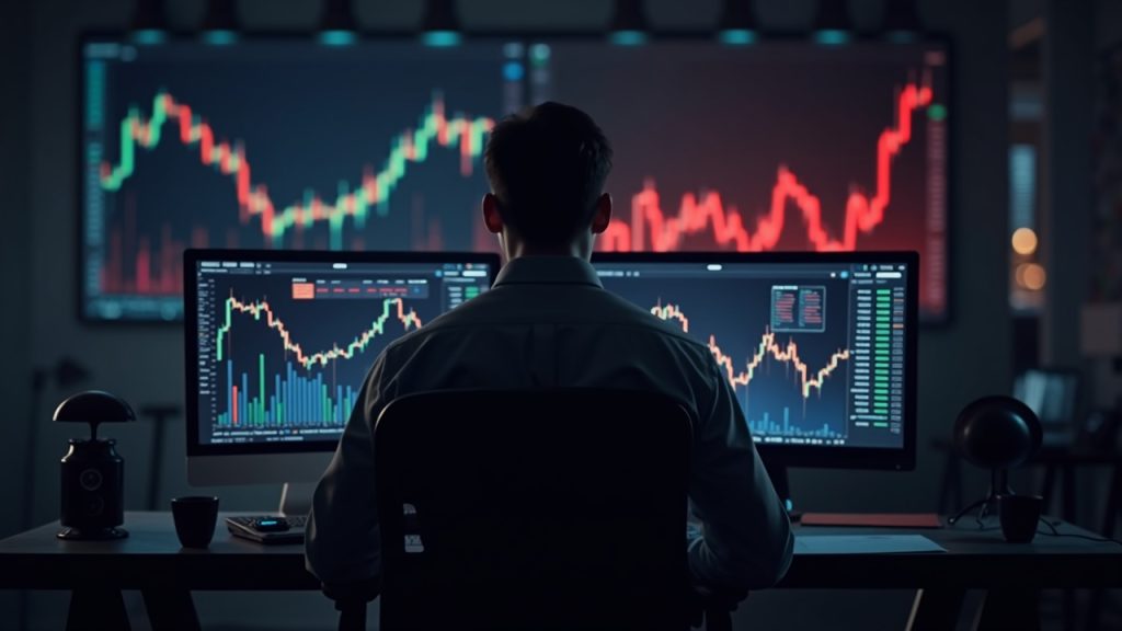 Robinhood presenta balance negativo en el mercado de criptomonedas y las acciones se desploman Operador fotorealista en un escritorio con gráficos de la acción de Robinhood en rojo descendente en las pantallas e íconos de criptomonedas desvaneciéndose en el fondo.