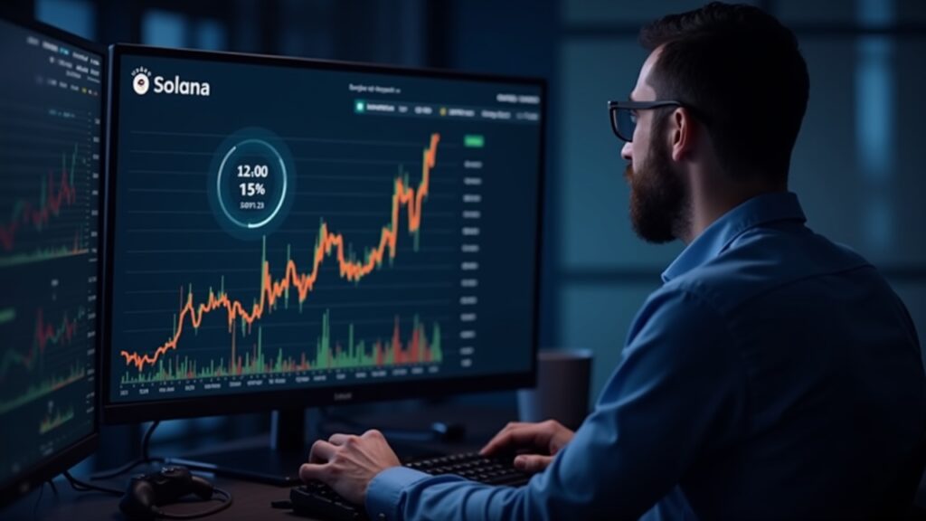 Solana se recupera un 15%: ¿Podrá mantener esta tendencia? Escena fotorrealista de escritorio de trading con logo de SOL, gráficos de suministro en aumento, métricas de desbloqueo y un analista escéptico revisando datos en cadena.