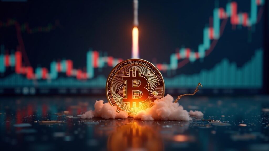 ¿Cómo la fusión de SpaceX y xAI cambia el valor de Bitcoin al momento de negociar? Escena de sala de prensa con Bitcoin, silueta de cohete y circuitería de IA sobre un gráfico de resultados volátil que anuncia la OPI de SpaceX-xAI.