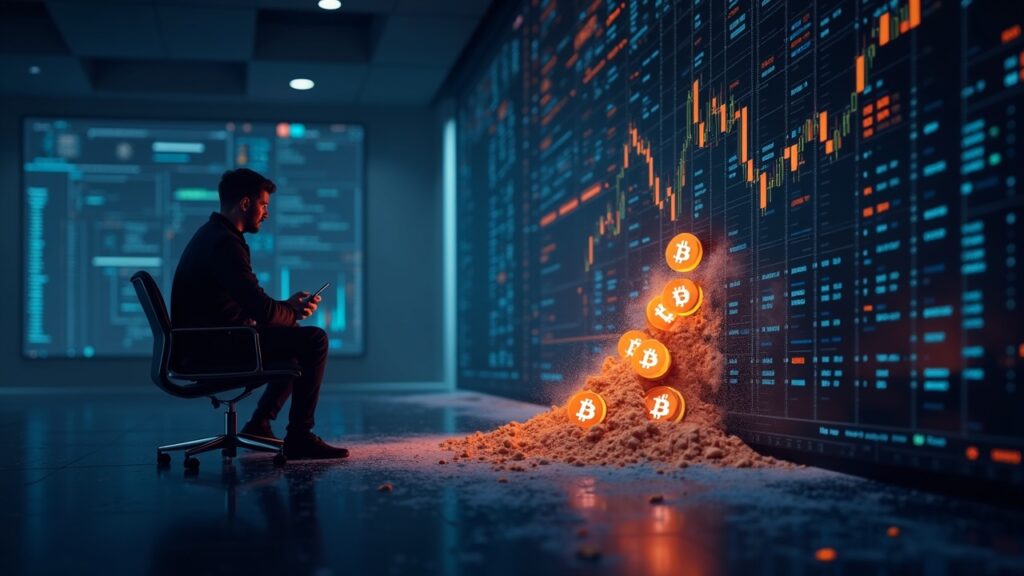 El flujo de stablecoins hacia los exchanges alcanza 98.000 millones de dólares tras caída Operador cripto fotorrealista en una sala de alta tecnología mientras las stablecoins fluyen hacia una pared luminosa del exchange y Bitcoin se desploma.