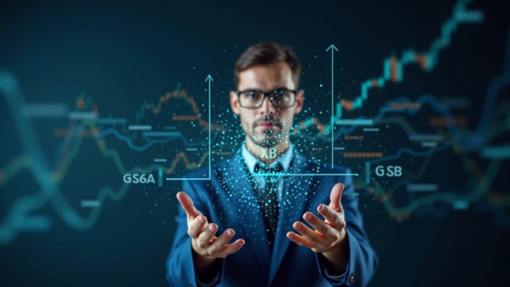 Strategy cambia su enfoque hacia la emisión de créditos respaldados por Bitcoin Ejecutivo de fintech en el escenario con un Bitcoin holográfico, gráficos de rendimiento al alza y un balance digital.