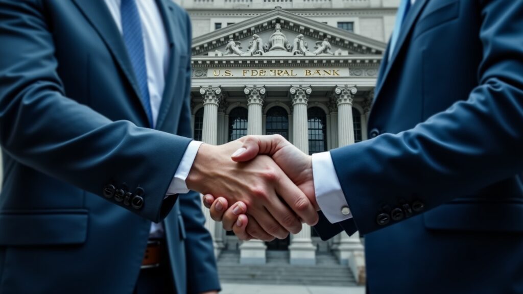 Tether adquiere una participación de $100 millones en el banco federal Anchorage Dos ejecutivos se dan la mano frente a la fachada de un banco con carta federal de EE. UU., con superposiciones digitales de monedas estables.