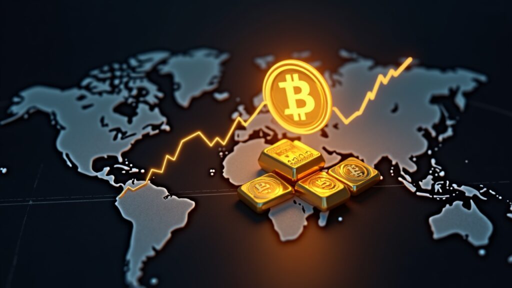 Tether supera los 500 millones de usuarios impulsado por la adopción de USDT a nivel global Encabezado fotorrealista con un emblema USDT resplandeciente, un gráfico en cadena ascendente, lingotes de oro e iconos de BTC sobre un mapa mundial.