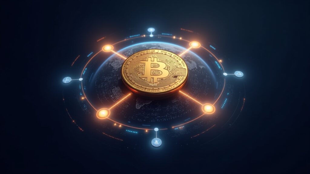 Tether invierte en LayerZero para aumentar el alcance de USDT Moneda USDT en el centro con puentes multicadena luminosos y nodos orbitando, agentes de IA orquestando finanzas multicadena.