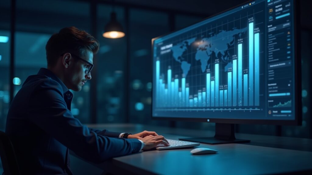 Sergey Nazarov de Chainlink analiza el auge de activos del mundo real tokenizados en mercados Analista fotorrealista en un escritorio elegante con un panel holográfico que muestra RWAs tokenizadas en aumento y gráficos estables.