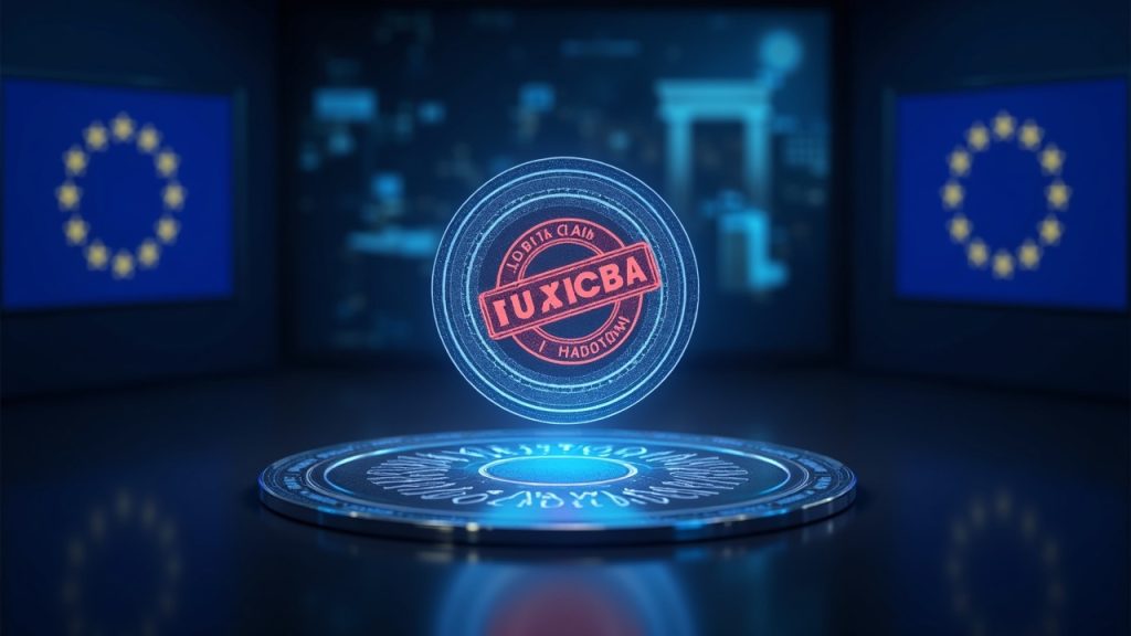 La Unión Europea lanza otro paquete de medidas contra la actividad cripto en Rusia Escena de sala de redacción ultra realista con un holograma del rublo digital, telón de fondo con la bandera de la UE y un sello rojo de prohibición sobre los enlaces cripto a Rusia.