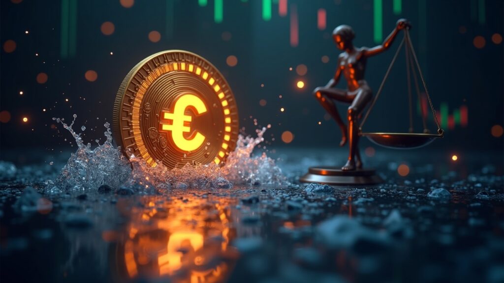 El volumen de transacciones de USDC supera a Visa mientras las acciones de Circle caen Fotorealista logotipo de USDC surcando un río de transacciones en cadena, con las acciones de Circle CRCL en caída y un mazo suspendido.