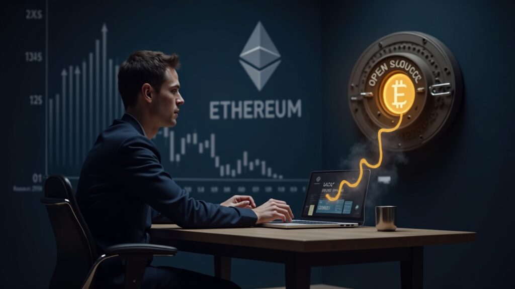 Vitalik Buterin liquida 6,6 millones de dólares en ETH para impulsar proyectos de privacidad Vitalik Buterin fotorrealista sentado en un escritorio con el logo de Ethereum, ETH fluyendo hacia una bóveda brillante de financiación de código abierto, estilo de sala de redacción.