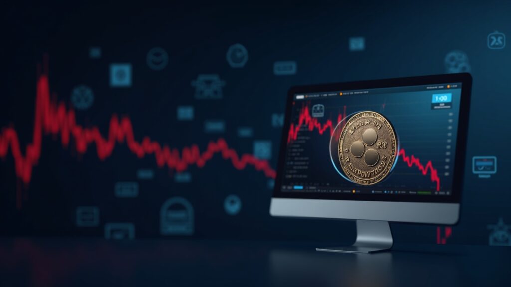XRP se desploma a niveles de 2024 y amenaza con buscar el soporte del dólar Encabezado fotorrealista de sala de redacción con moneda XRP en el centro, gráfico rojo en tendencia descendente hacia 1.00 y sutiles iconos macro-globales.