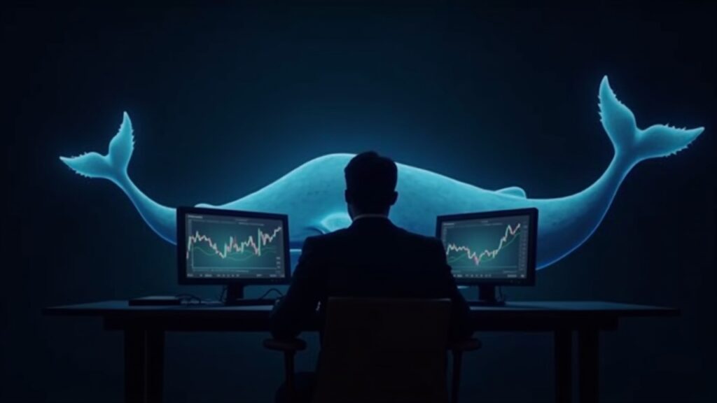 XRP cae a su mínimo en 15 meses y las ballenas acumulan $2.2 mil millones Escena de redacción con un trader en un escritorio con la caída del precio de XRP, acumulación en aumento en las pantallas y un icono de ballena translúcido.