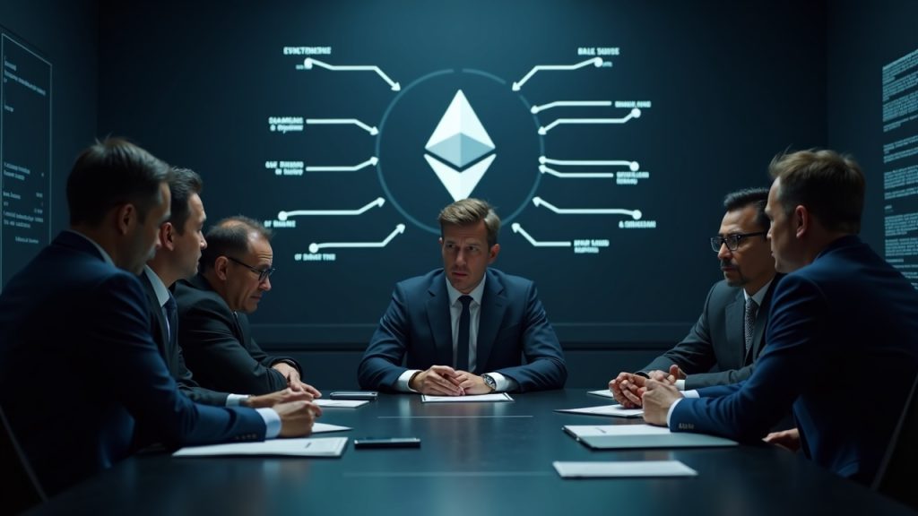 Ethereum Foundation nombra a pcaversaccio en la junta en medio de una amplia turbulencia en el liderazgo Escena fotorrealista de una sala de juntas inspirada en Ethereum con ejecutivos diversos, enfatizando la privacidad, la seguridad y la ejecución.
