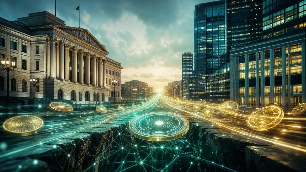 Digital central bank money flowing between public and commercial banking systems