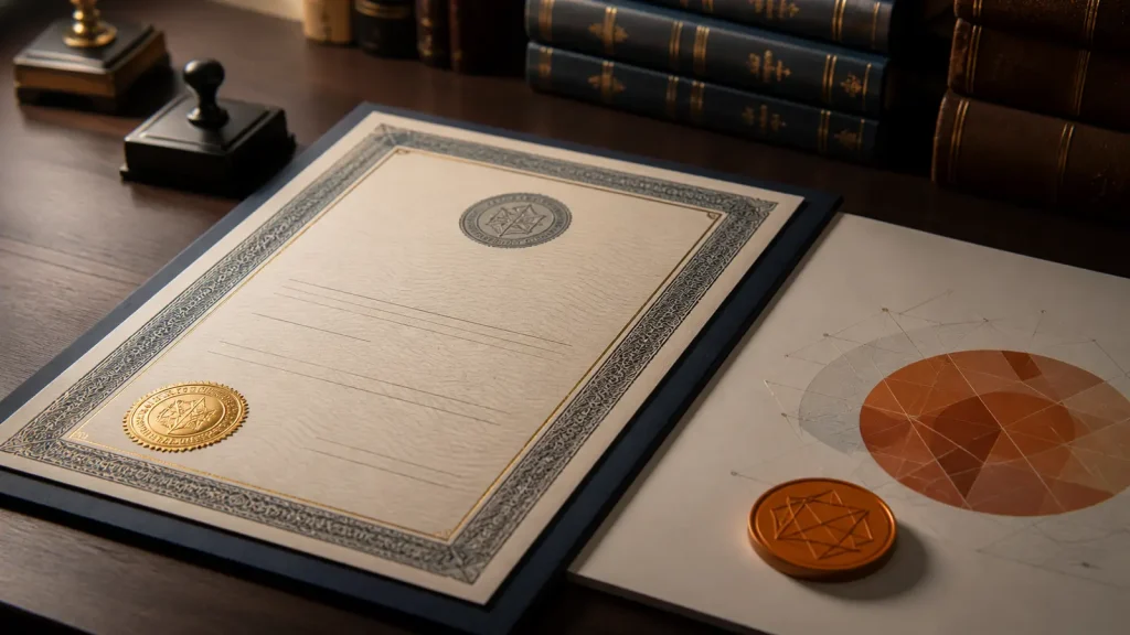 Copyright registration documents beside an abstract Bitcoin technical paper