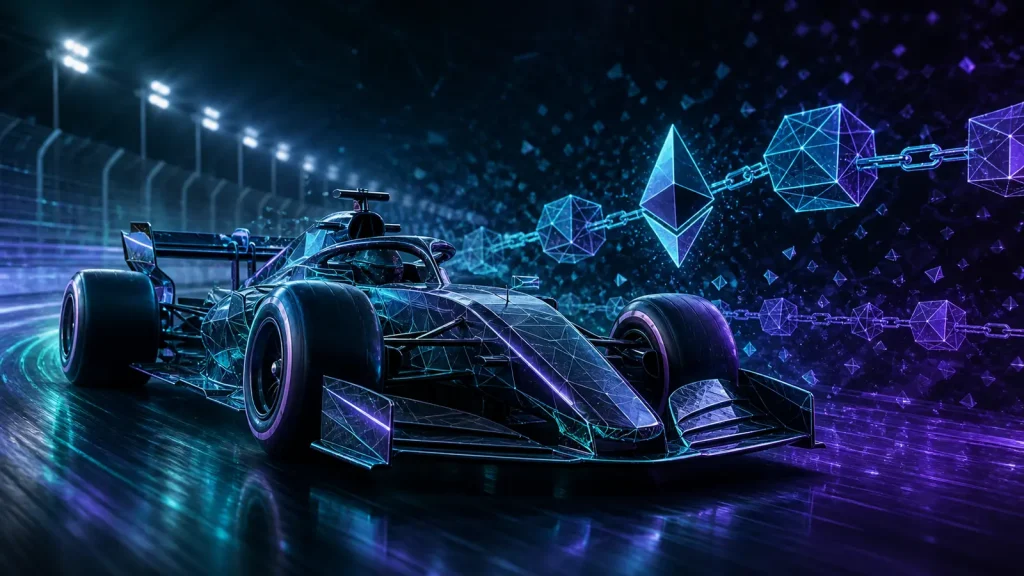 Unbranded digital racing car connected to collectible tokens on a blockchain