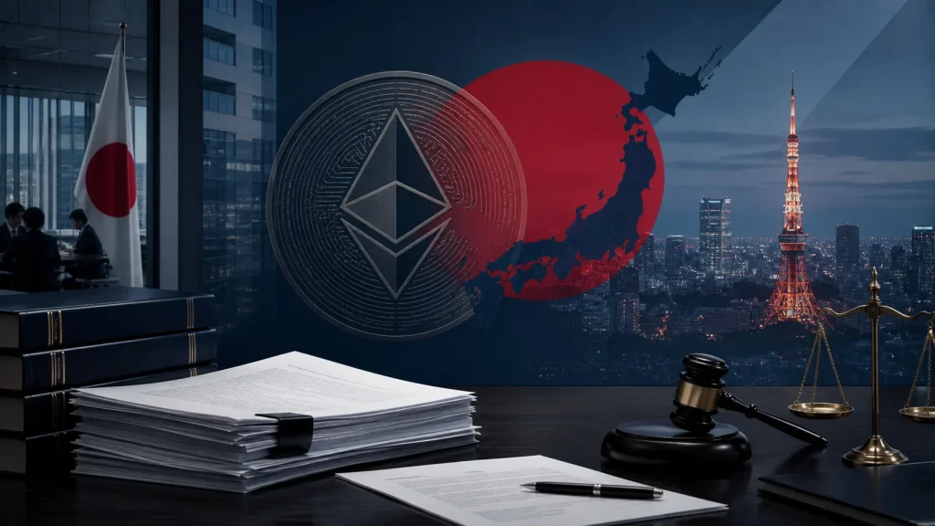 Japanese regulatory documents and a crypto-asset symbol beside Tokyo skyline
