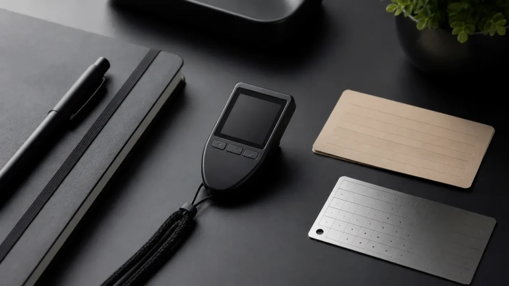 10 Trezor Security Practices That Protect the Wallet Behind the Device Unbranded hardware wallet beside offline paper and metal backup materials