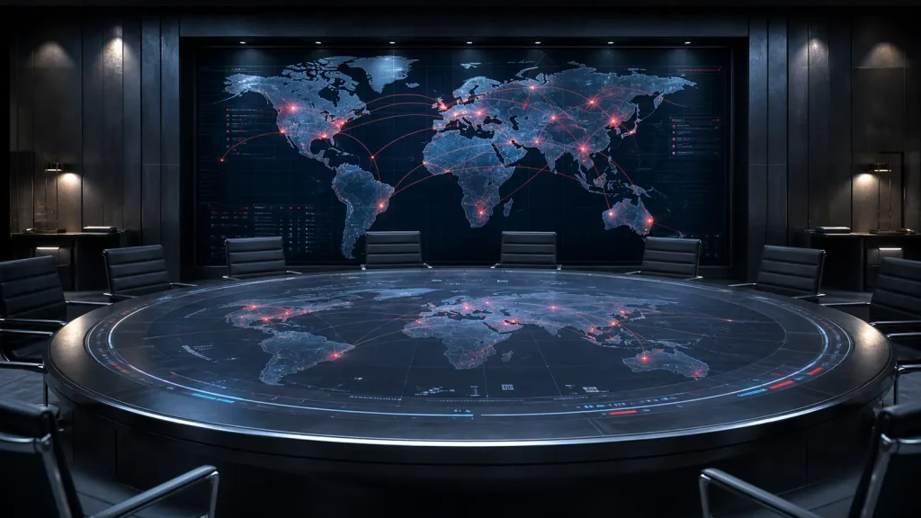 Secure policy room displaying cross-border digital transaction routes